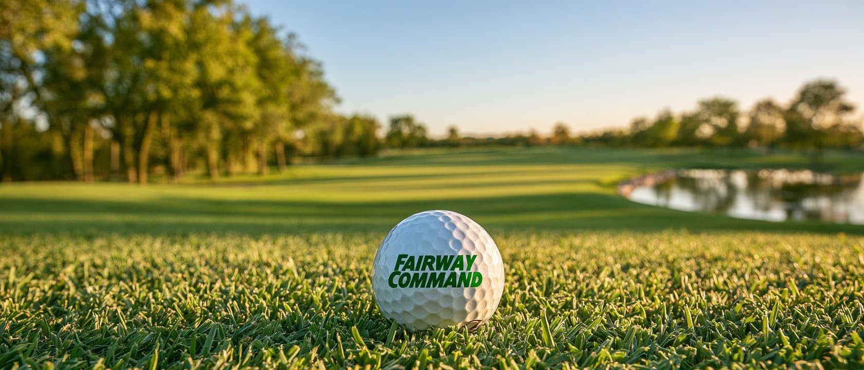A Fairway Command golf ball in the grass at golden hour